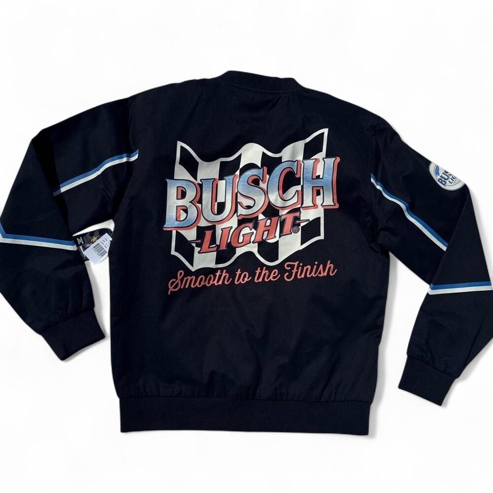 Busch Light Smooth to the Finish Black Racing Bomber Jacket Men's sz Small NWT